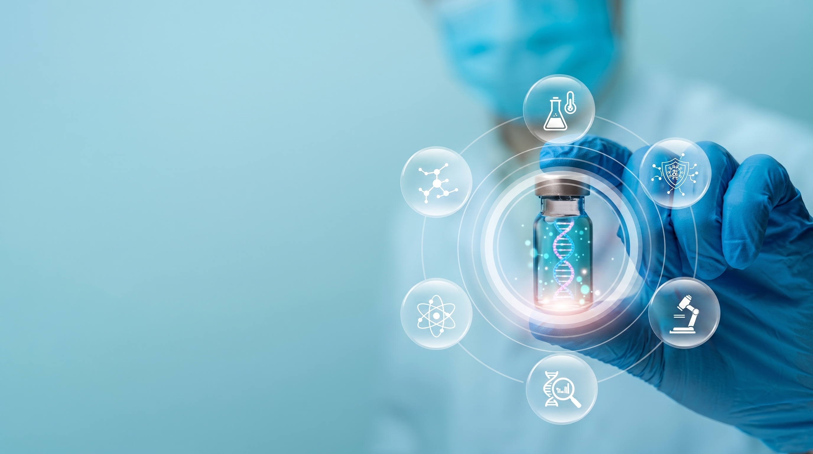 Gloved hand holding a pharmaceutical vial surrounded by data privacy and security icons