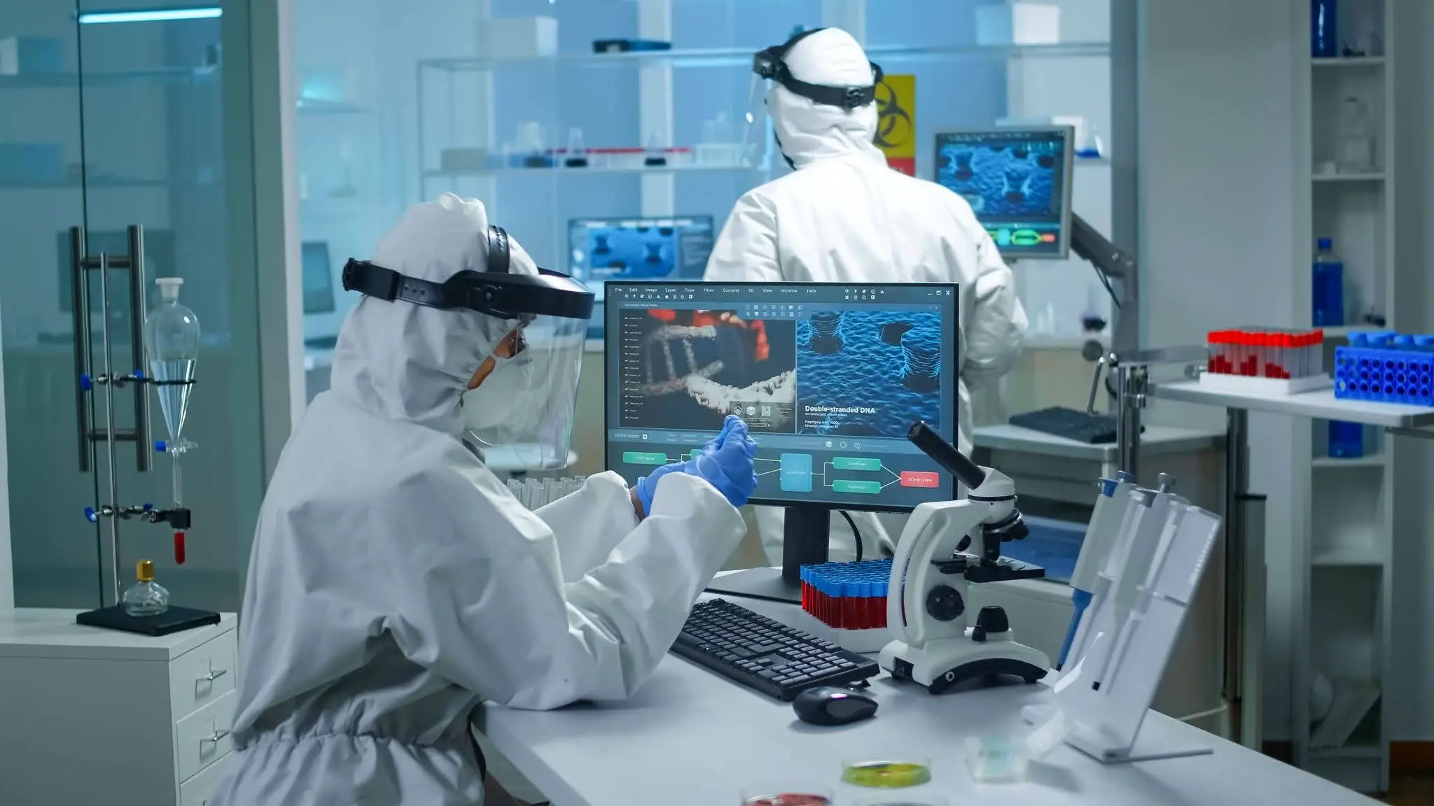 Lab scientists in cleanroom gowning monitoring contamination control data on screens.