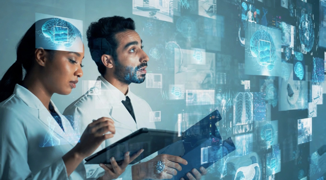 Scientists analyzing complex genomic and biological data on digital screens for AI drug development
