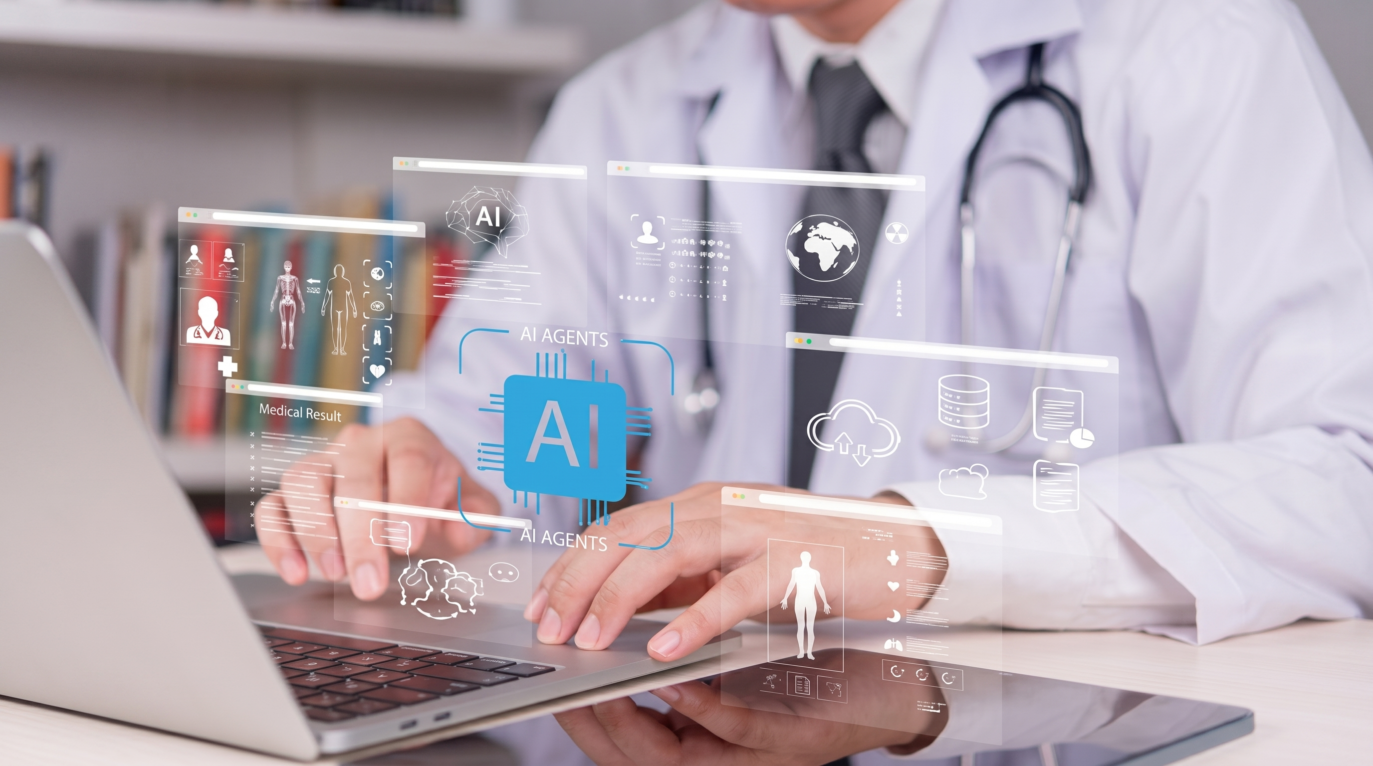 Doctor using a laptop with AI interface icons, representing bias considerations in AI models