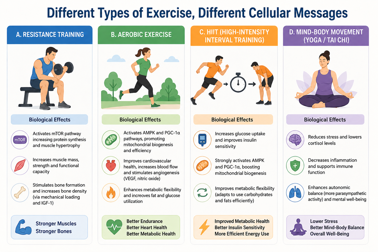 Comparison diagram of resistance training, aerobic exercise, HIIT and mind-body practices with their respective cellular and biological effects