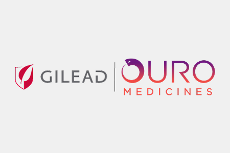 Gilead Sciences and Ouro Medicines company logos side-by-side representing their $2.2 billion acquisition deal.