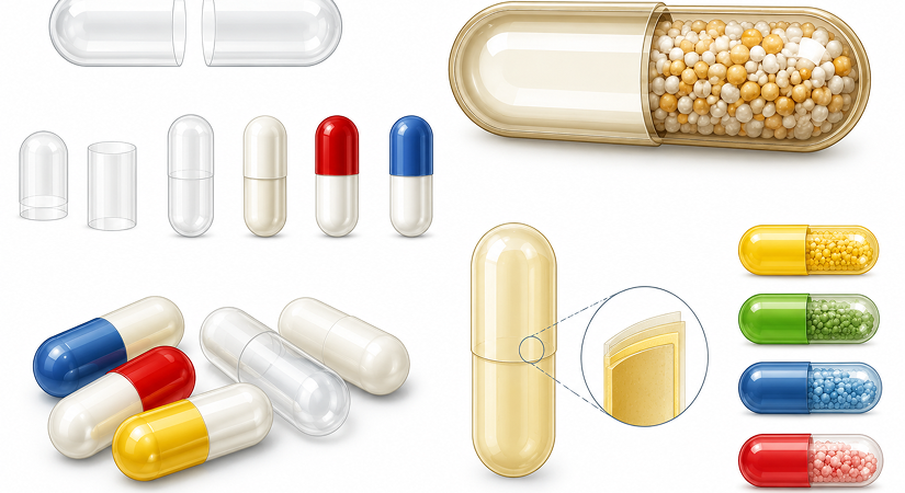 Hard vs Soft Gelatin Capsules | Structure & Fill Comparison Hard and soft gelatin capsules side by side with exploded cross-section diagrams