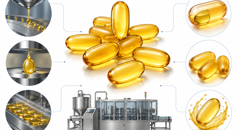 Soft Gelatin Capsule Manufacturing | Rotary Die Process Softgel capsules with rotary die manufacturing line and fill injection insets