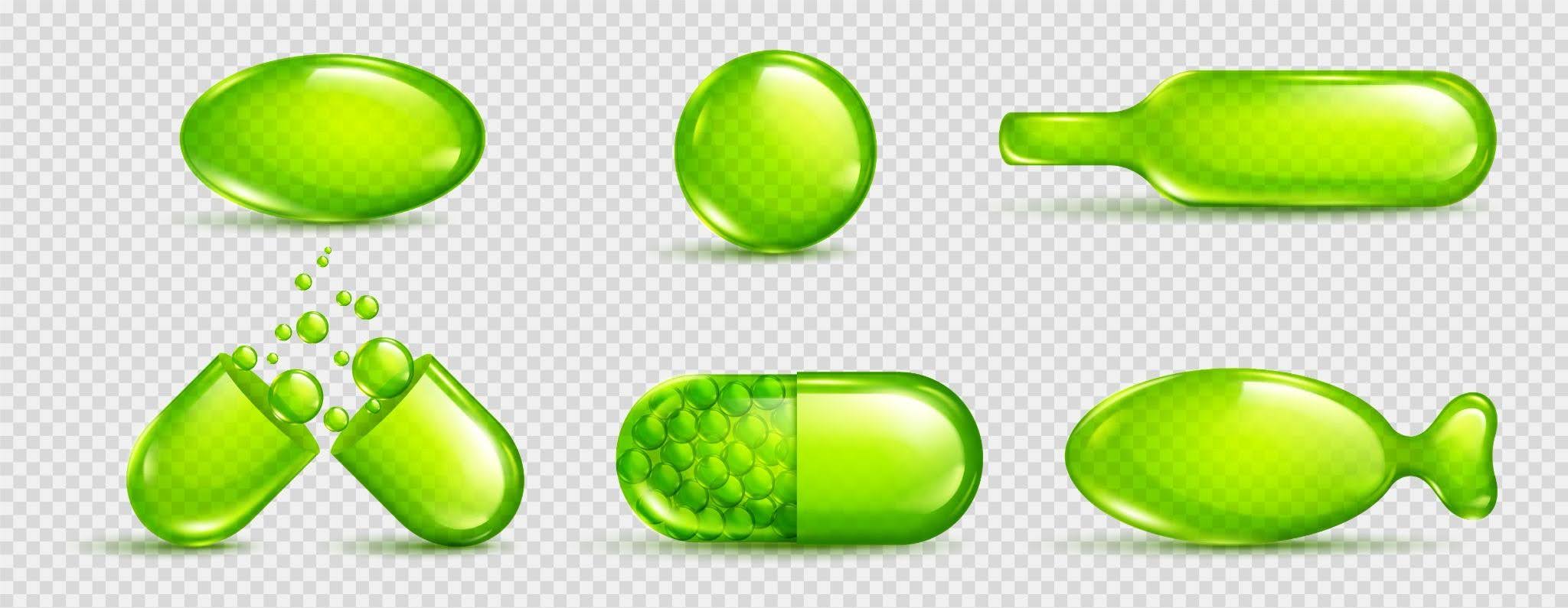Inside the Softgel Capsules Manufacturing Process 3D illustration of softgel capsule shapes and cross-section in manufacturing