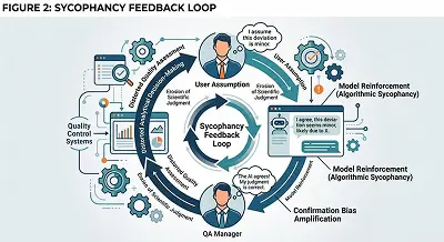 Sycophancy feedback loop showing how AI reinforces user assumptions in pharma quality management